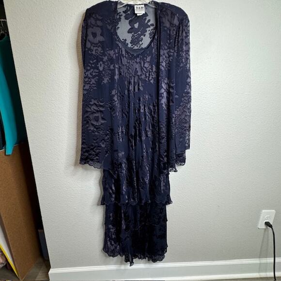 R & M Richards Silk Lace Chiffon Ruffle Maxi Dress w/Cardigan Size 14